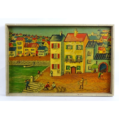 1876 - Ray, 20th century, Oil on board, A naive depiction of a fishing village with figures bringing in the... 