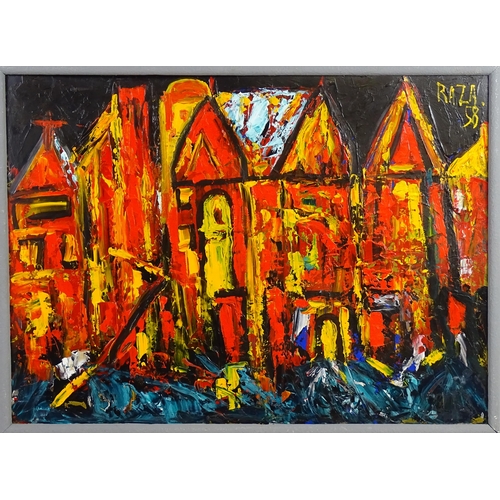 1877 - After S. H. Raza (1922-2016), 21st century, Oil on card, Abstract townscape. Signed upper right. App... 