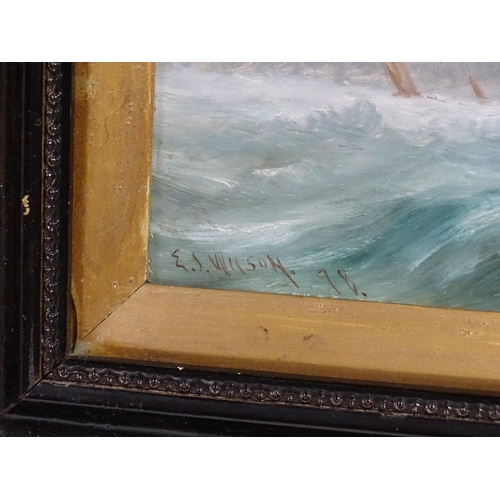 1881 - E. Wilson, Late 19th century, Marine School, Oil on boards, Two seascapes depicting fishing boats in... 