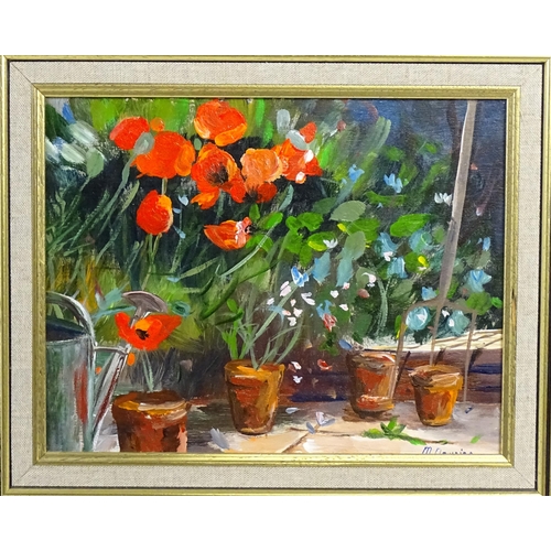 1883 - M. Downing, 20th century, Oil on board, Out of the Shadows, A garden scene with plant pots, poppies,... 