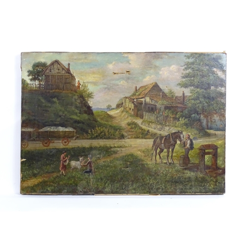 1884 - 19th century, Oil on canvas, A rural coastal scene depicting a man by a well feeding a horse, childr... 