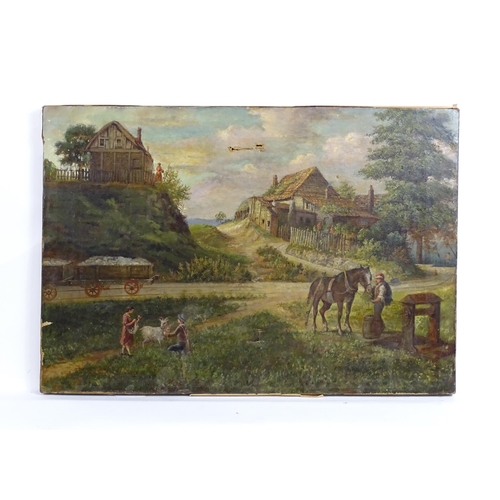 1884 - 19th century, Oil on canvas, A rural coastal scene depicting a man by a well feeding a horse, childr... 