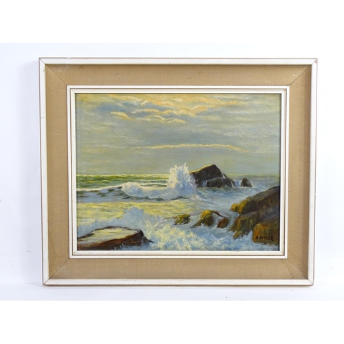 1885 - A. Moore, Cornish School, 20th century, Oil on board, Crashing Waves. Signed lower right. Approx. 13... 