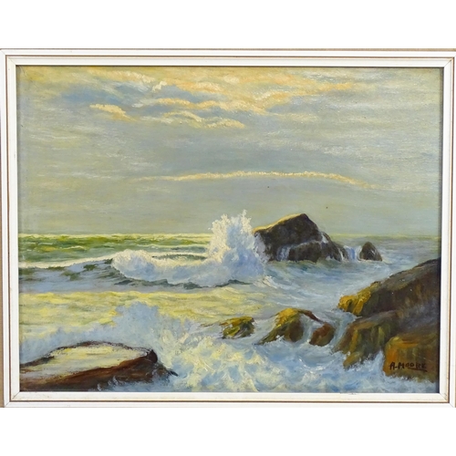 1885 - A. Moore, Cornish School, 20th century, Oil on board, Crashing Waves. Signed lower right. Approx. 13... 