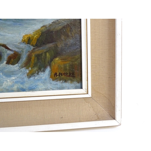 1885 - A. Moore, Cornish School, 20th century, Oil on board, Crashing Waves. Signed lower right. Approx. 13... 