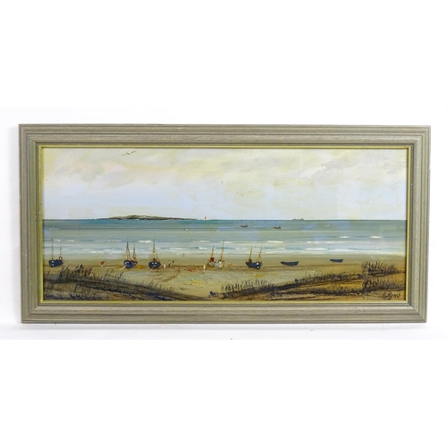 1889 - 20th century, Oil on board, A beach scene with boats, figures and seagulls. Signed with initials G. ... 