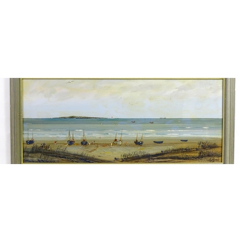 1889 - 20th century, Oil on board, A beach scene with boats, figures and seagulls. Signed with initials G. ... 