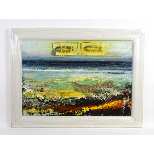 1890 - 20th century, Mixed media, A layered coastal scene / collage with sea, fish and net formed boat. App... 