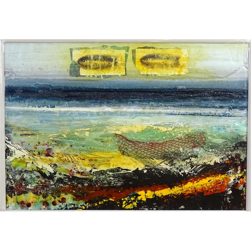 1890 - 20th century, Mixed media, A layered coastal scene / collage with sea, fish and net formed boat. App... 