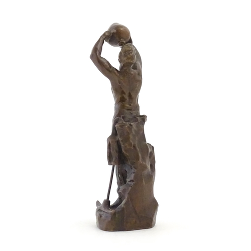 1100 - A 20thC cast sculpture after Richard Aurili, depicting a miner drinking from a water vessel, with la... 