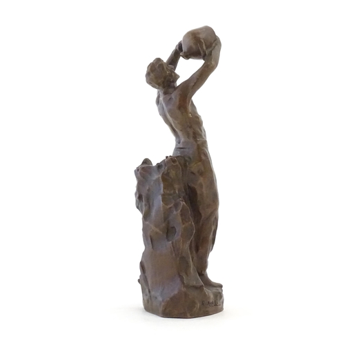 1100 - A 20thC cast sculpture after Richard Aurili, depicting a miner drinking from a water vessel, with la... 