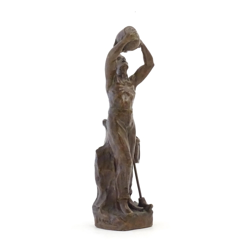 1100 - A 20thC cast sculpture after Richard Aurili, depicting a miner drinking from a water vessel, with la... 