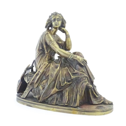 1105 - A 19thC cast bronze sculpture after Paul Emile Machault (1800-1866), modelled as a seated maiden in ... 