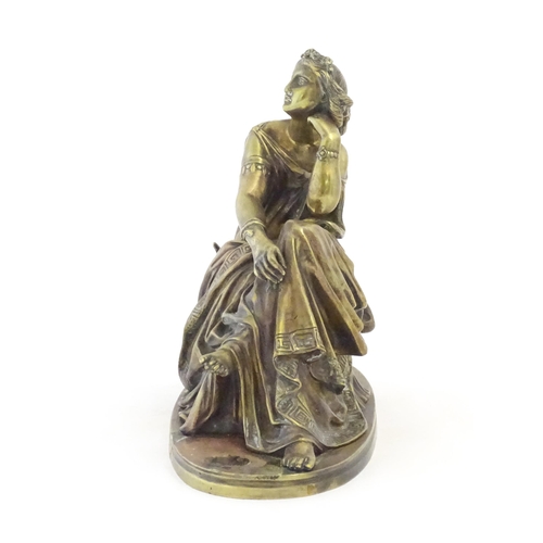 1105 - A 19thC cast bronze sculpture after Paul Emile Machault (1800-1866), modelled as a seated maiden in ... 