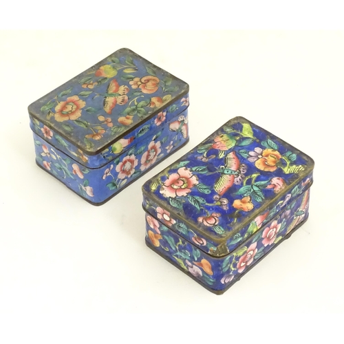 1129 - Two Oriental cloisonne boxes of rectangular form decorated with flowers, foliage and butterflies. Ap... 