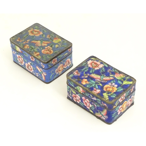 1129 - Two Oriental cloisonne boxes of rectangular form decorated with flowers, foliage and butterflies. Ap... 