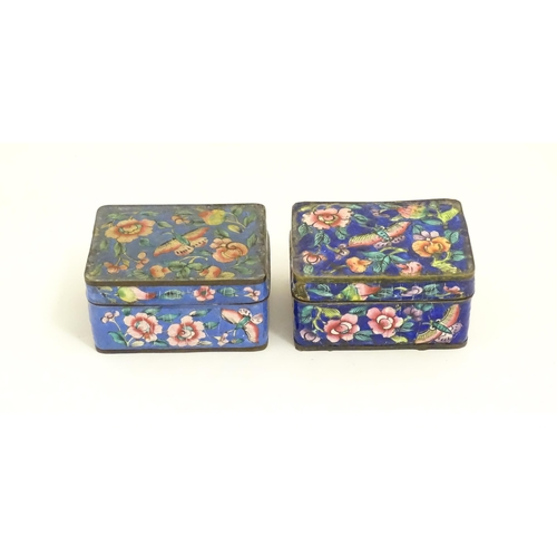 1129 - Two Oriental cloisonne boxes of rectangular form decorated with flowers, foliage and butterflies. Ap... 