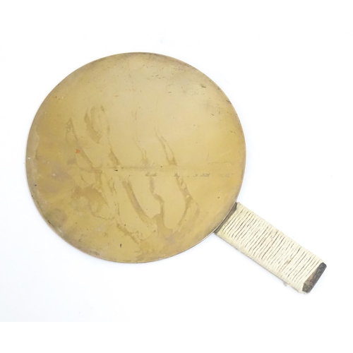 1132 - A Japanese kagami / hand mirror decorated with flowers, foliage, character script etc. Approx. 10