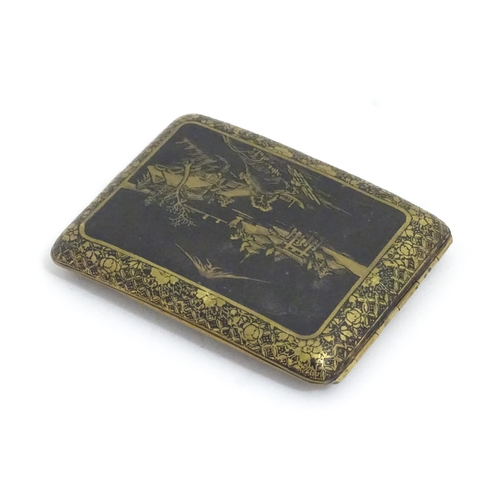 1150 - A Japanese Damascene cigarette case decorated with a river landscape scene with figures, Torii gate,... 