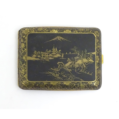 1150 - A Japanese Damascene cigarette case decorated with a river landscape scene with figures, Torii gate,... 