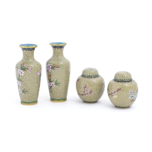 1153 - Four items of 20thC Chinese cloisonne ware to include a pair of vases and a pair of ginger jars, the... 