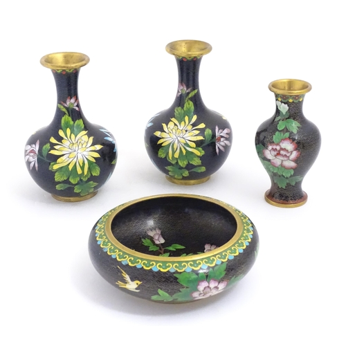 1154 - Four items of 20thC Chinese cloisonne ware to include a pair of vases, a bowl and a vase, the black ... 