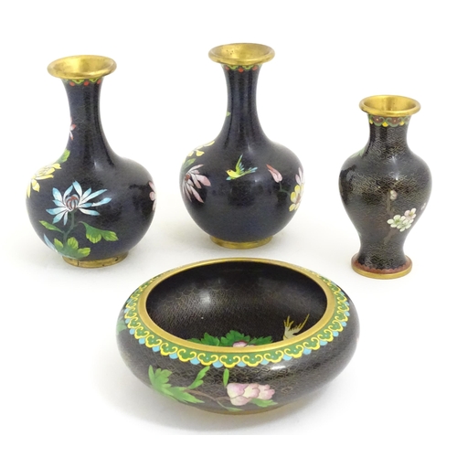 1154 - Four items of 20thC Chinese cloisonne ware to include a pair of vases, a bowl and a vase, the black ... 