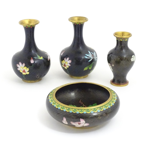 1154 - Four items of 20thC Chinese cloisonne ware to include a pair of vases, a bowl and a vase, the black ... 