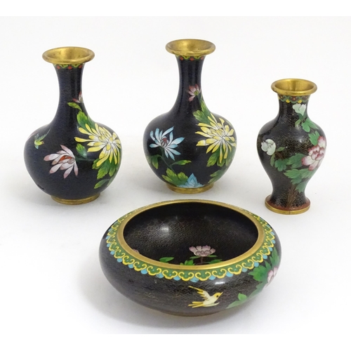 1154 - Four items of 20thC Chinese cloisonne ware to include a pair of vases, a bowl and a vase, the black ... 