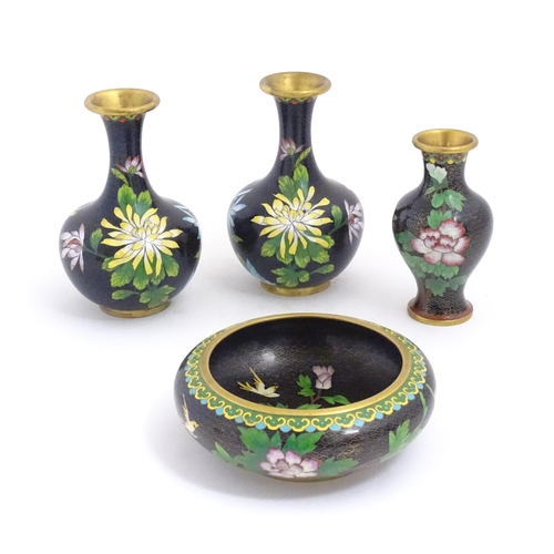 1154 - Four items of 20thC Chinese cloisonne ware to include a pair of vases, a bowl and a vase, the black ... 