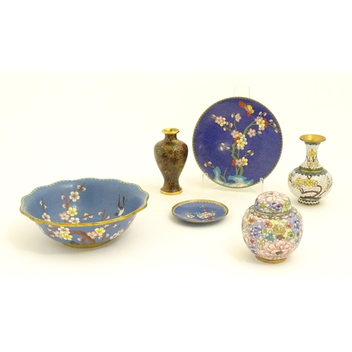 1156 - Six items of 20thC Chinese cloisonne wares to include a vases, plate, ginger jar, bowl, etc. decorat... 