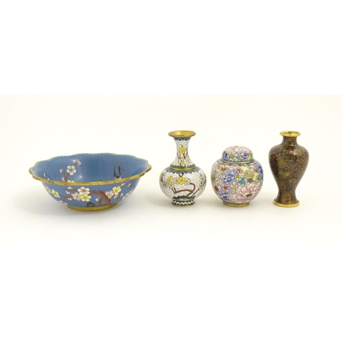 1156 - Six items of 20thC Chinese cloisonne wares to include a vases, plate, ginger jar, bowl, etc. decorat... 