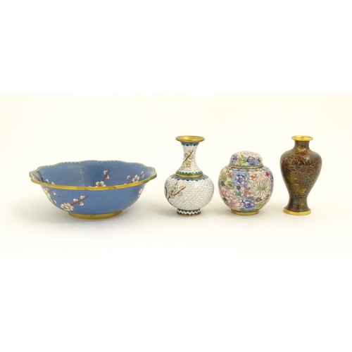 1156 - Six items of 20thC Chinese cloisonne wares to include a vases, plate, ginger jar, bowl, etc. decorat... 