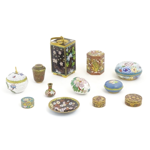 1157 - A quantity of assorted 20thC Chinese cloisonne wares to include miniature vase, egg, pot and cover, ... 