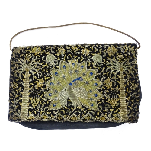 1400 - Vintage fashion / clothing: A black velvet clutch / handbag, hand embellished with a peacock design,... 