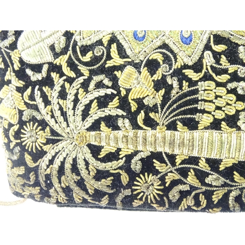 1400 - Vintage fashion / clothing: A black velvet clutch / handbag, hand embellished with a peacock design,... 