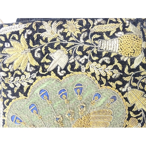 1400 - Vintage fashion / clothing: A black velvet clutch / handbag, hand embellished with a peacock design,... 