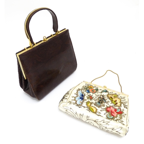 1404 - Vintage fashion / clothing: A vintage brown snake skin style handbag, along with a Chinese embroider... 