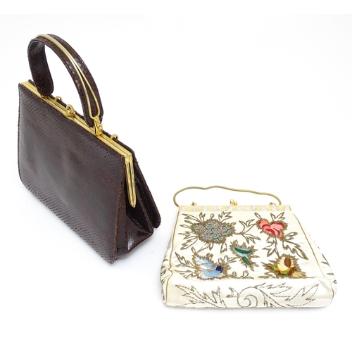 1404 - Vintage fashion / clothing: A vintage brown snake skin style handbag, along with a Chinese embroider... 