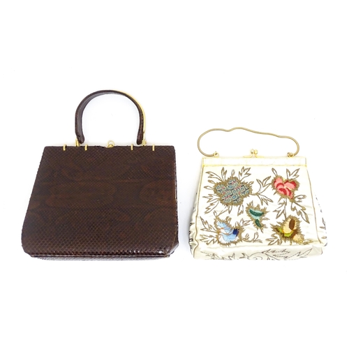 1404 - Vintage fashion / clothing: A vintage brown snake skin style handbag, along with a Chinese embroider... 