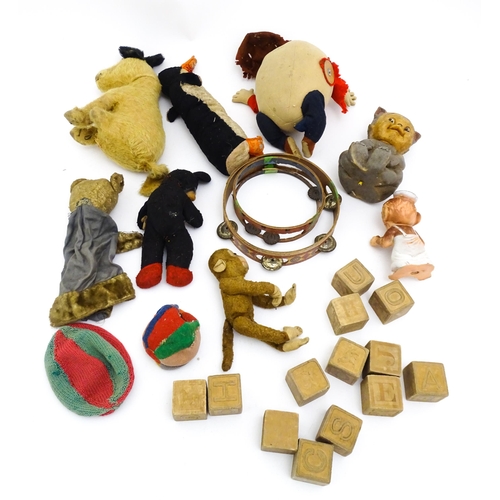 1453 - Toys: A quantity of assorted vintage toys, to include a Semco Mickey Mouse, an early 20thC straw fil... 