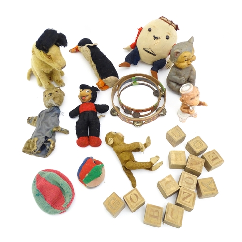 1453 - Toys: A quantity of assorted vintage toys, to include a Semco Mickey Mouse, an early 20thC straw fil... 