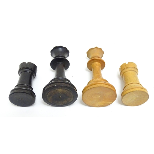 1463 - Toys: A quantity of chess pieces contained within a box with sliding lid and brass handle. (33 piece... 