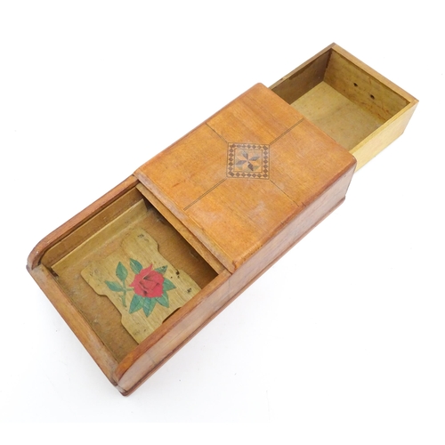 1259 - A 20thC tambour fronted box with Scottie dog and geometric detail. Approx. 2