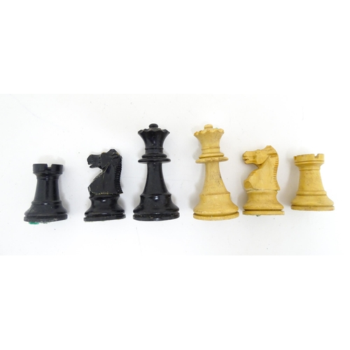 1467 - Toys: 20thC carved wood chess set. Together with an 8x8 Draughts games board. King approx. 2 1/2