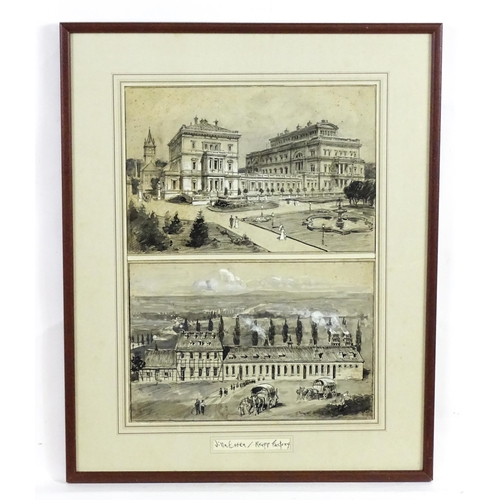 1915 - Early 20th century, Ink and watercolours, A rare historical drawing of the Neoclassical Villa Hugel ... 