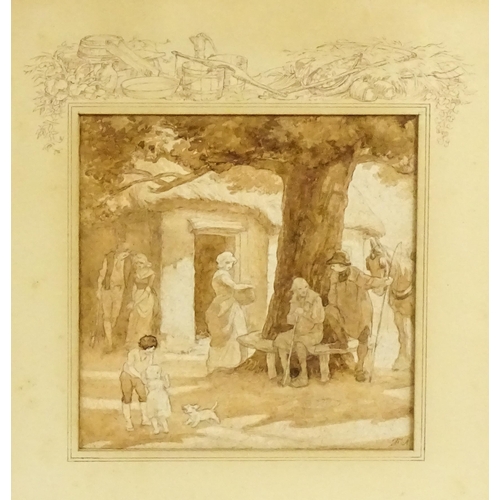 1922 - Late 19th / early 20th century, English School, Watercolour, A courtyard scene with farmer workers /... 