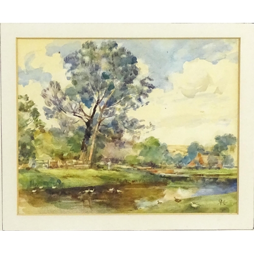 1924 - Sir Alfred East (1849-1913), Watercolour, A country river landscape with ducks, a figure and farm ho... 