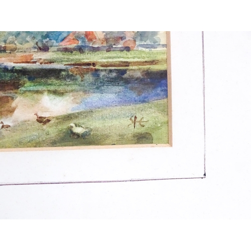 1924 - Sir Alfred East (1849-1913), Watercolour, A country river landscape with ducks, a figure and farm ho... 