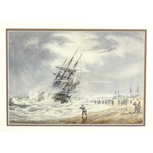 1927 - 19th century, English School, Watercolour, A coastal storm scene with tall ship off the beach with f... 